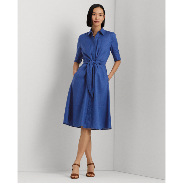 Indigo Pelayaran Gaun Kemeja Linen Ikat Depan Lauren 7