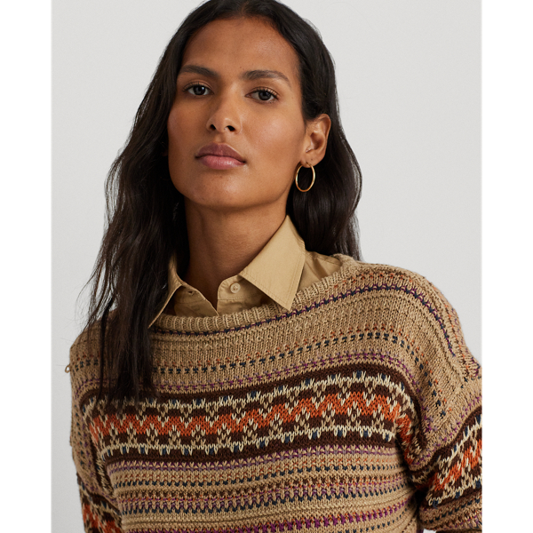 Classic Tan Geo-Motif Cotton-Linen Boatneck Jumper Lauren 6