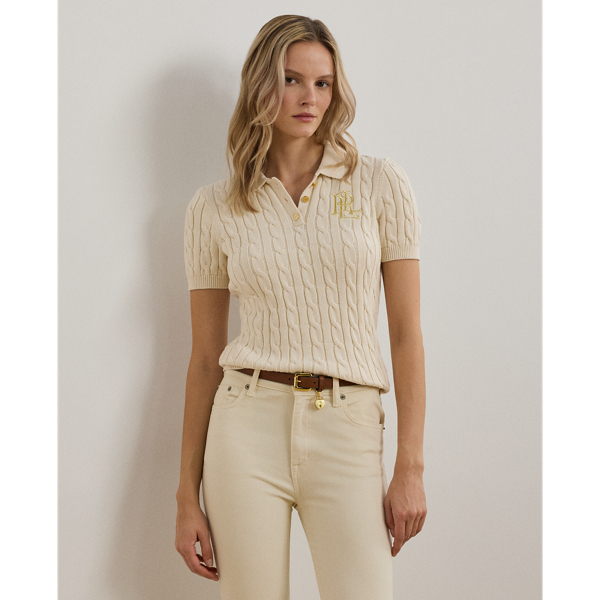 Mascarpone Cream Cable-Knit Cotton Polo Sweater Lauren 1