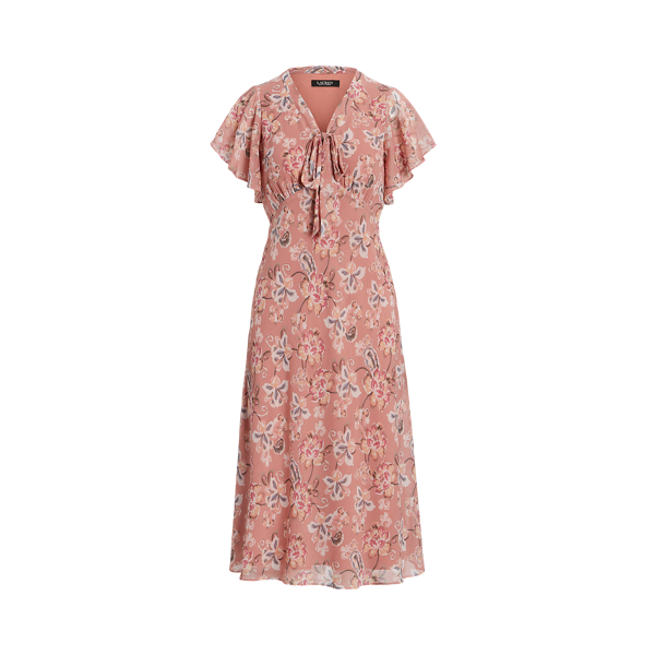 Floral Crinkle Georgette Tie-Neck Dress Lauren 1