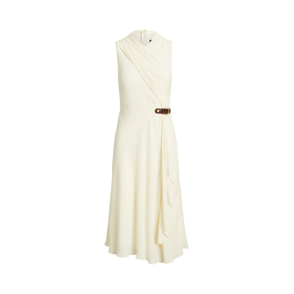 Mascarpone Cream Buckle-Trim Georgette Sleeveless Dress Lauren 2