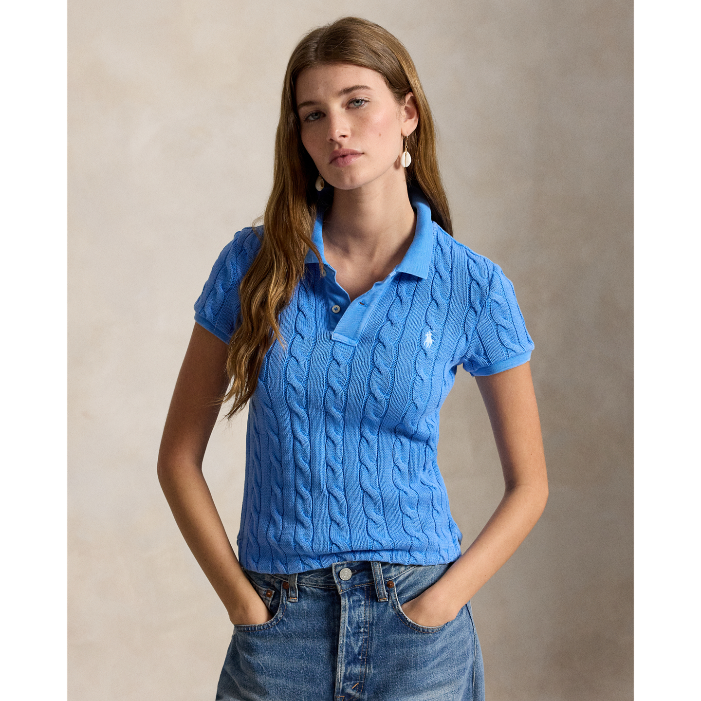 Женское поло Polo Ralph Lauren Cable-Knit Polo, цвет: Синий — фото 4