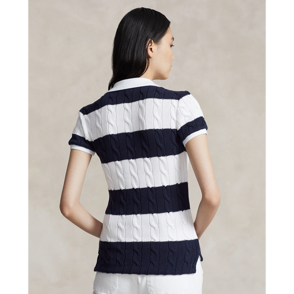White/Hunter Navy Slim Fit Cable-Knit Polo Shirt Polo Ralph Lauren 5