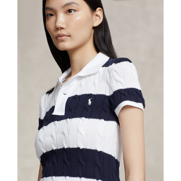 White/Hunter Navy Slim Fit Cable-Knit Polo Shirt Polo Ralph Lauren 6