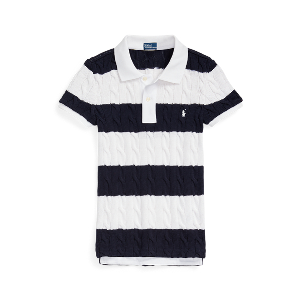 White/Hunter Navy Slim Fit Cable-Knit Polo Shirt Polo Ralph Lauren 2