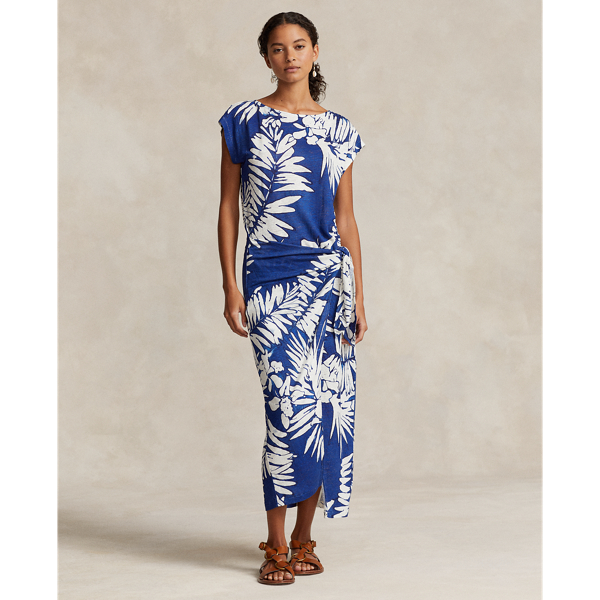 Blue Floral Floral Linen Faux-Wrap Dress Polo Ralph Lauren 1