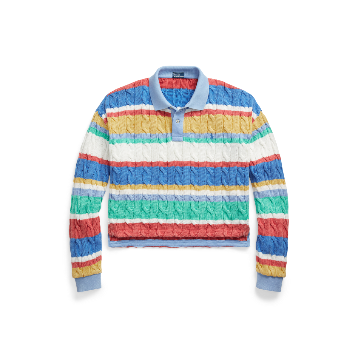 Striped Cable Long-Sleeve Polo Shirt