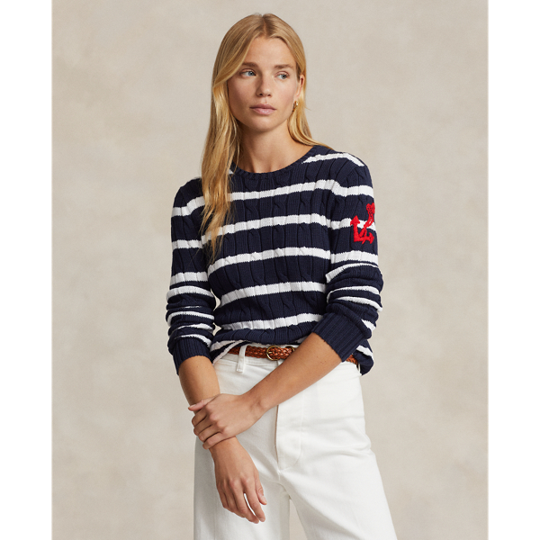 Hunter Navy/White Stripe Anchor-Motif Cable Cotton Sweater Polo Ralph Lauren 1