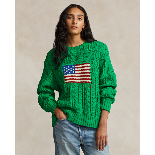 Stem Green Aran-Knit Flag Cotton Sweater Polo Ralph Lauren 1