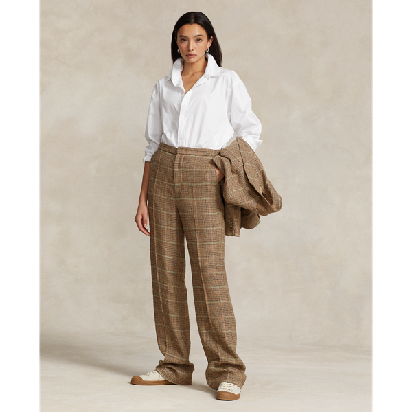 Plaid Linen-Silk Straight-Leg Pant