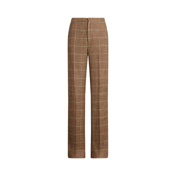 Plaid Linen-Silk Straight-Leg Trouser