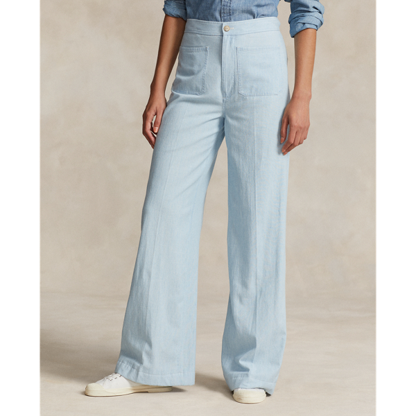 Cotton Chambray Wide-Leg Flare Pant