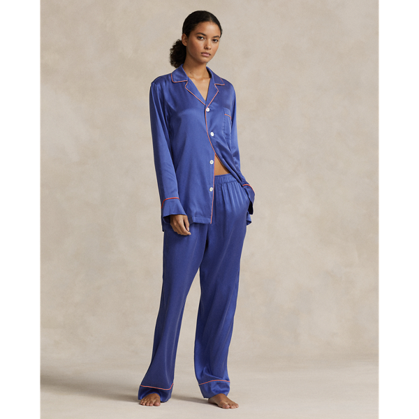 Cobalt Stretch Silk Long-Sleeve Pajama Set Polo Ralph Lauren 1