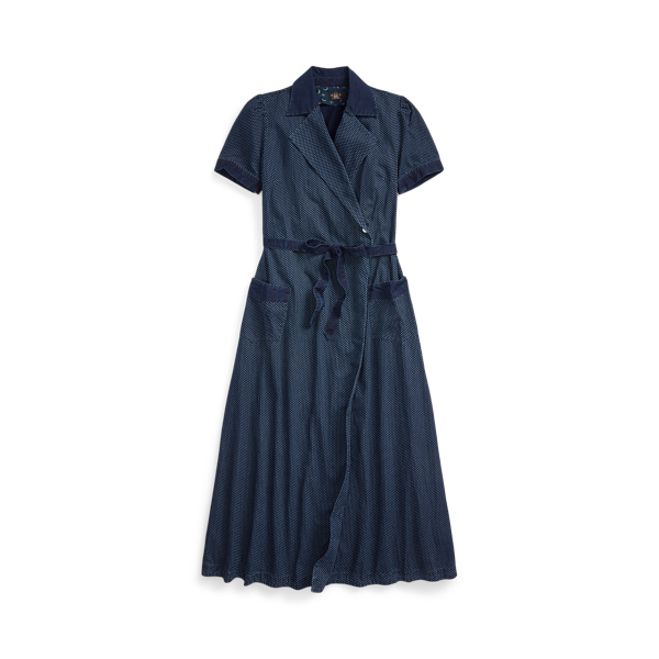 Indigo Polka-Dot Cotton Wrap Dress