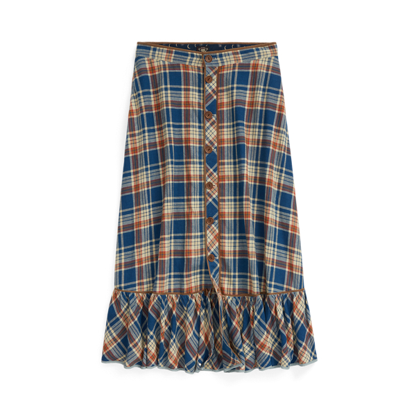 Indigo Plaid Cotton-Linen Skirt