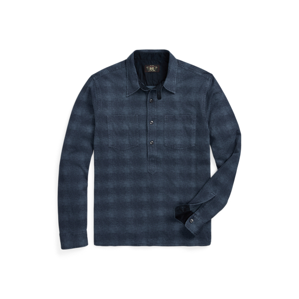 Navy/Blue Plaid-Print Jersey Popover Workshirt RRL 1