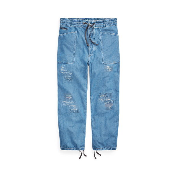 Indigo Wash Repaired Cotton-Linen Chambray Pant RRL 1