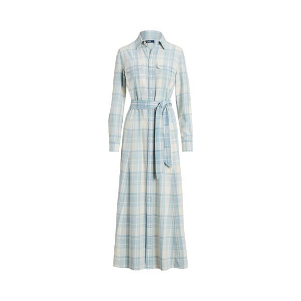Plaid Belted Cotton Twill Shirtdress