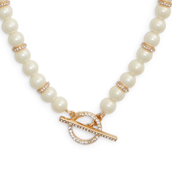 Gold/White Pav&eacute; Faux-Pearl Collar Necklace Lauren 2