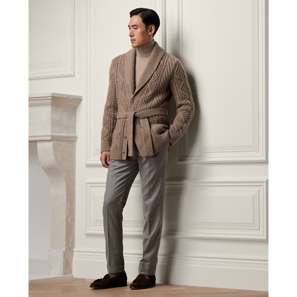Truffle Melange Cable-Knit Cashmere Belted Cardigan Purple Label 4