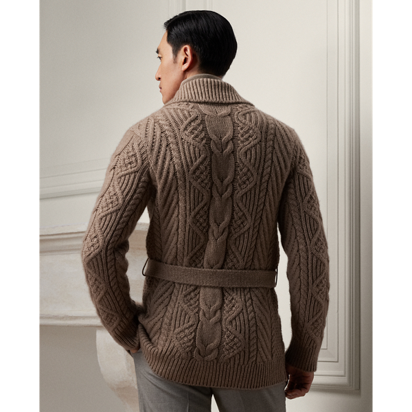 Truffle Melange Cable-Knit Cashmere Belted Cardigan Purple Label 5