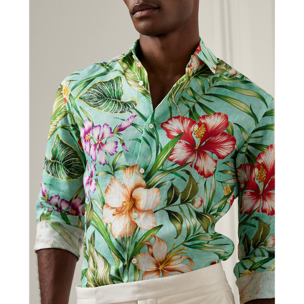 Green Floral-Print Linen Shirt Purple Label 6