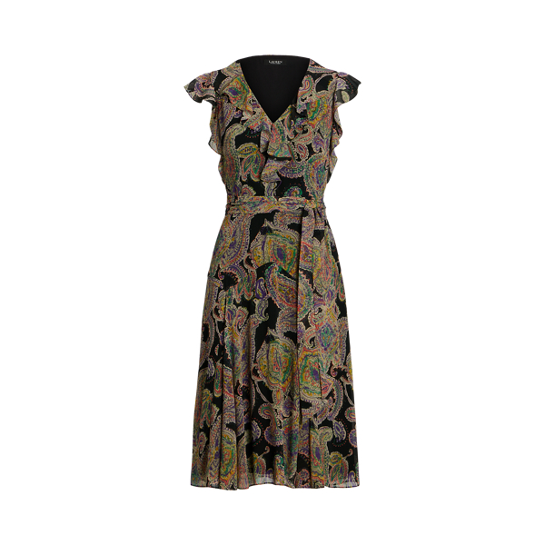 Robe ceintur&eacute;e motif cachemire georgette Lauren en 1