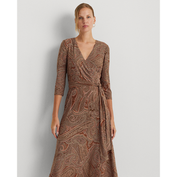Vestido de malha el&aacute;stica em sobrepeliz Lauren Petite em Castanho-claro/creme/rosa 4