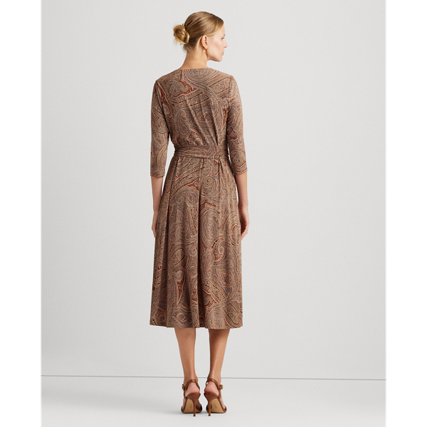 Vestido de malha el&aacute;stica em sobrepeliz Lauren Petite em Castanho-claro/creme/rosa 5
