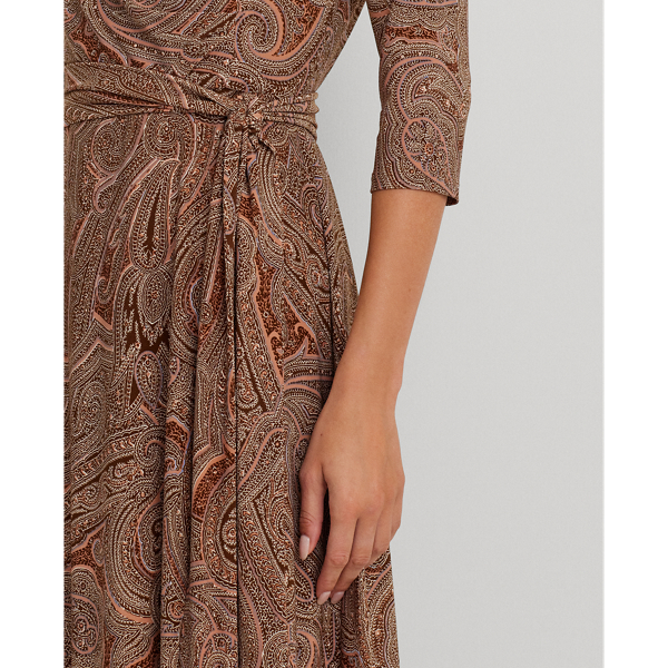 Vestido de malha el&aacute;stica em sobrepeliz Lauren Petite em Castanho-claro/creme/rosa 6