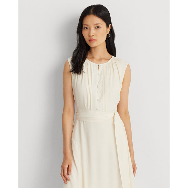 Mascarpone Cream Belted Crepe Cap-Sleeve Dress Lauren Petite 4