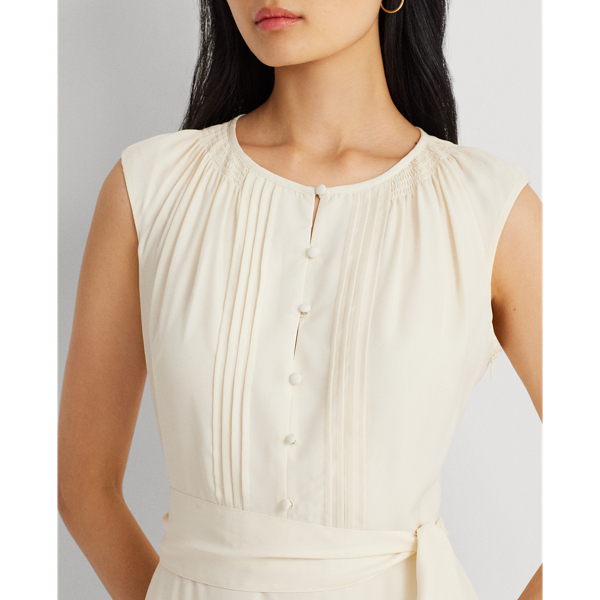 Mascarpone Cream Belted Crepe Cap-Sleeve Dress Lauren Petite 6