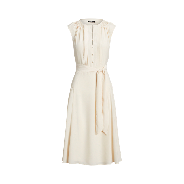Mascarpone Cream Belted Crepe Cap-Sleeve Dress Lauren Petite 2