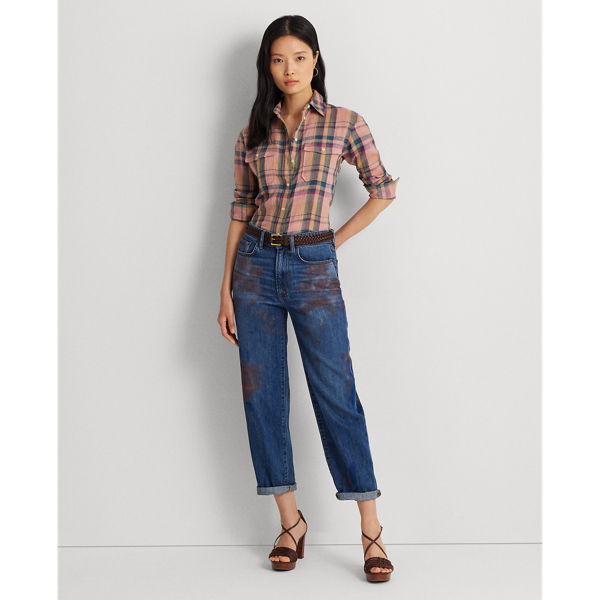 Pink/Blue Multi Checked Plaid Linen Shirt Lauren Petite 4