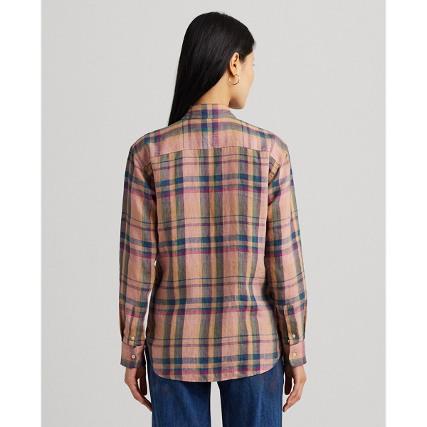 Pink/Blue Multi Checked Plaid Linen Shirt Lauren Petite 5