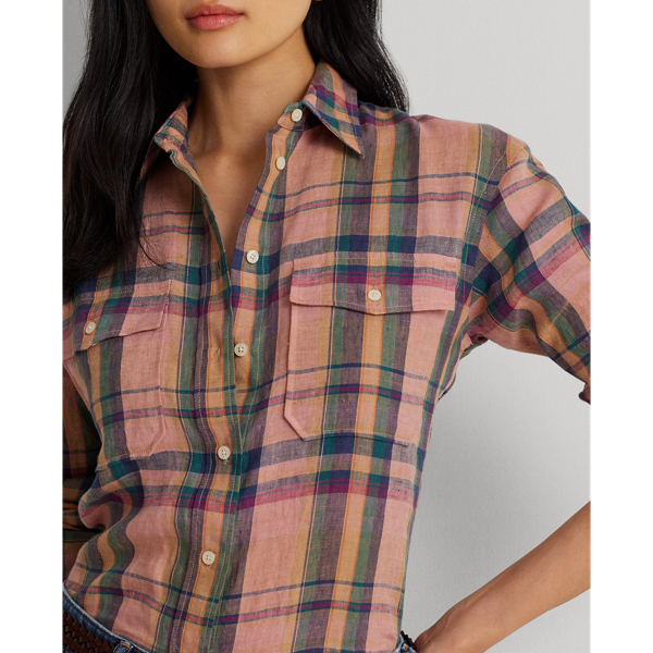 Pink/Blue Multi Checked Plaid Linen Shirt Lauren Petite 6