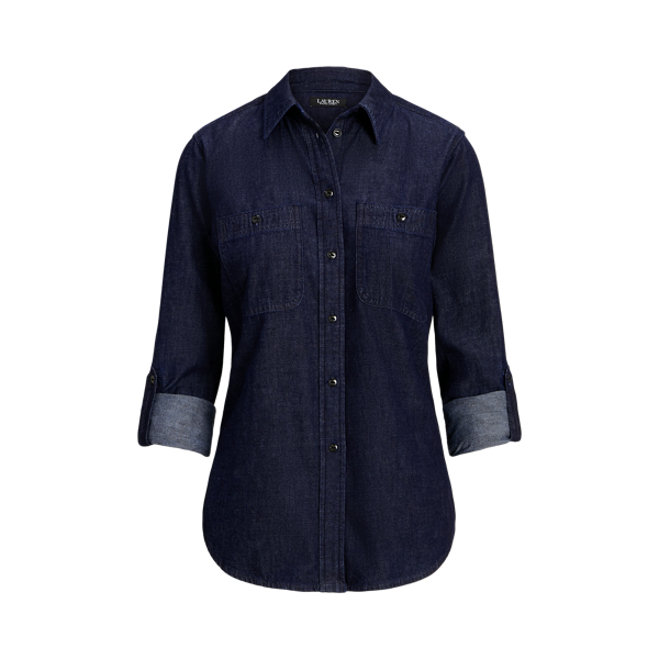 Camisa de manga com presilha em denim Lauren Petite em 1