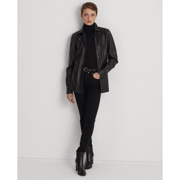Chemise &agrave; manches longues en cuir Lauren en Noir 4