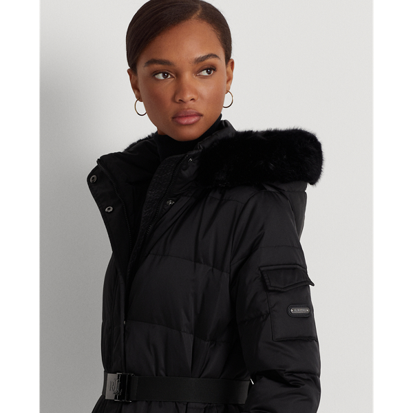 Langer Satin-Daunenmantel mit Gürtel Lauren in Schwarz 6