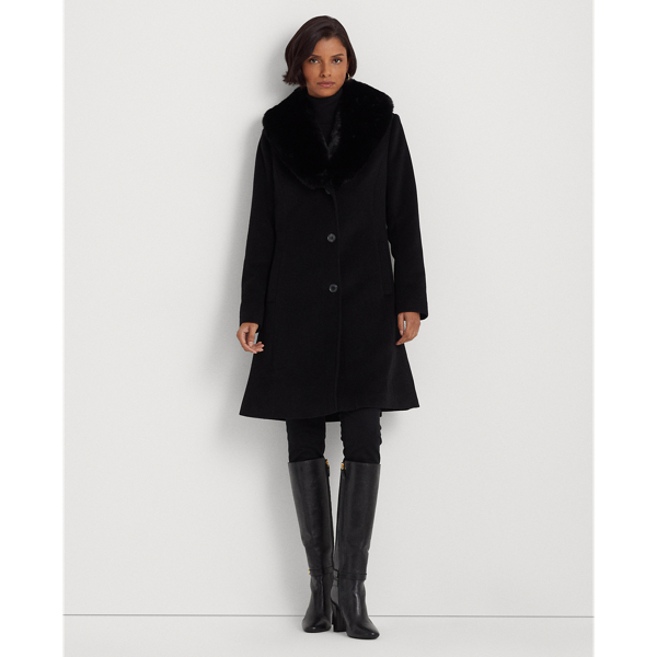 Black Faux-Fur-Trim Wool-Blend Coat Lauren 3