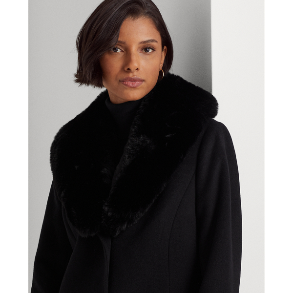 Black Faux-Fur-Trim Wool-Blend Coat Lauren 5