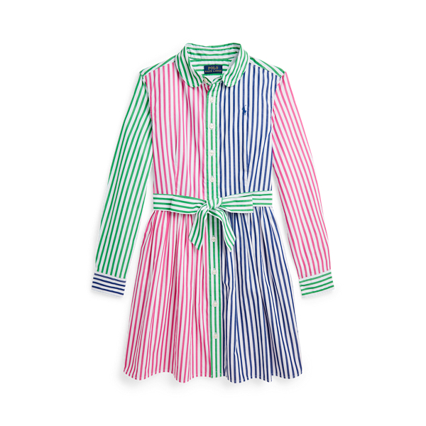 Vestido em popelina e algod&atilde;o &agrave;s riscas