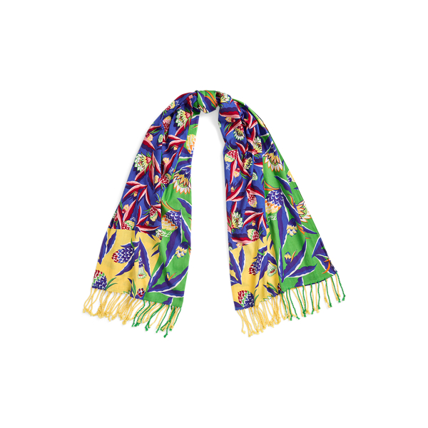 Bright Multi Floral Fringe-Trim Cotton Scarf Polo Ralph Lauren 1