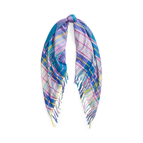 Plaid Fringe-Trim Silk Scarf