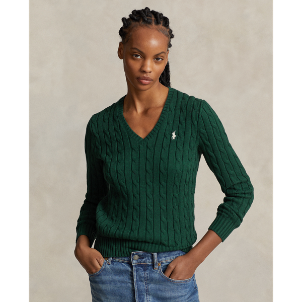 Cable Knit Cotton V Neck Jumper for Women Ralph Lauren TN