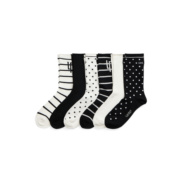 Black/White Assorted Patterned Stretch Roll-Top Sock 6-Pack Lauren 1