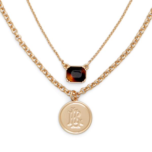 Gold/Tortoise Layered Gold-Tone Logo Pendant Necklace Lauren 2
