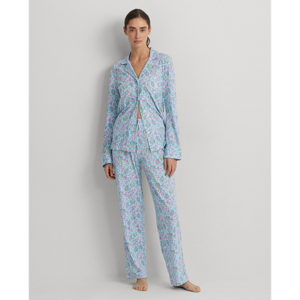 Turquoise Print Floral Cotton-Blend Jersey Sleep Set Lauren 1