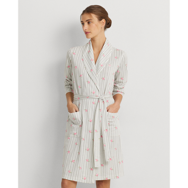 White Floral Floral Striped Shawl-Collar Robe Lauren 4