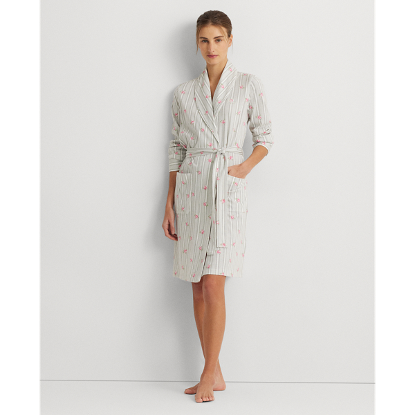 White Floral Floral Striped Shawl-Collar Robe Lauren 1